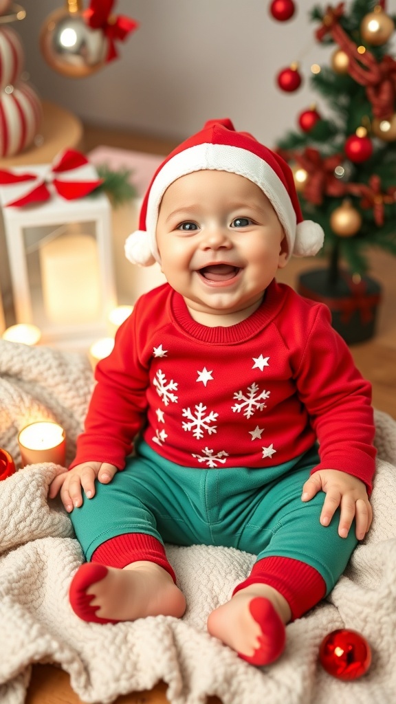 A baby boy in a red Christmas outfit with snowflakes, sitting on a blanket with holiday decorations.